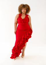 Red ruffled dress with side frills