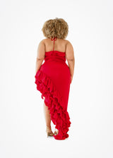 Red ruffled dress with side frills