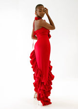 Red ruffled dress with side frills