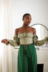 Sloane Tie Long Sleeve Crop Top- Olive
