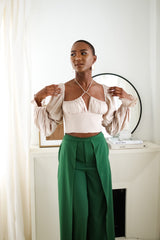 Sloane Tie Long Sleeve Crop Top- Beige