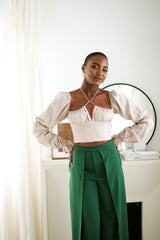 Sloane Tie Long Sleeve Crop Top- Beige