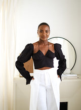 Sloane Tie Long Sleeve Crop Top- Black