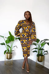 Tolu Ankara Print Bell Sleeve Midi dress with belts and pocket- Yellow/ Black Multi