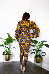 Tolu Ankara Print Bell Sleeve Midi dress with belts and pocket- Yellow/ Black Multi