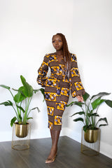Tolu Ankara Print Bell Sleeve Midi dress with belts and pocket- Yellow/ Black Multi