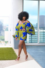 Yetunde Blue/Green Romper with Frills | Jumpsuits | Flair By Ashi