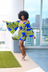 Yetunde Blue/Green Romper with Frills | Jumpsuits | Flair By Ashi