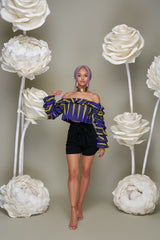 Teni Off Shoulder Ankara Print Crop top with ruffled sleeves- Purple/Yellow | Tops | Flair By Ashi