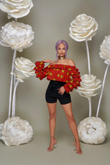 Teni Off Shoulder Ankara Print Crop top with ruffled sleeves- Red/Yellow | Tops | Flair By Ashi