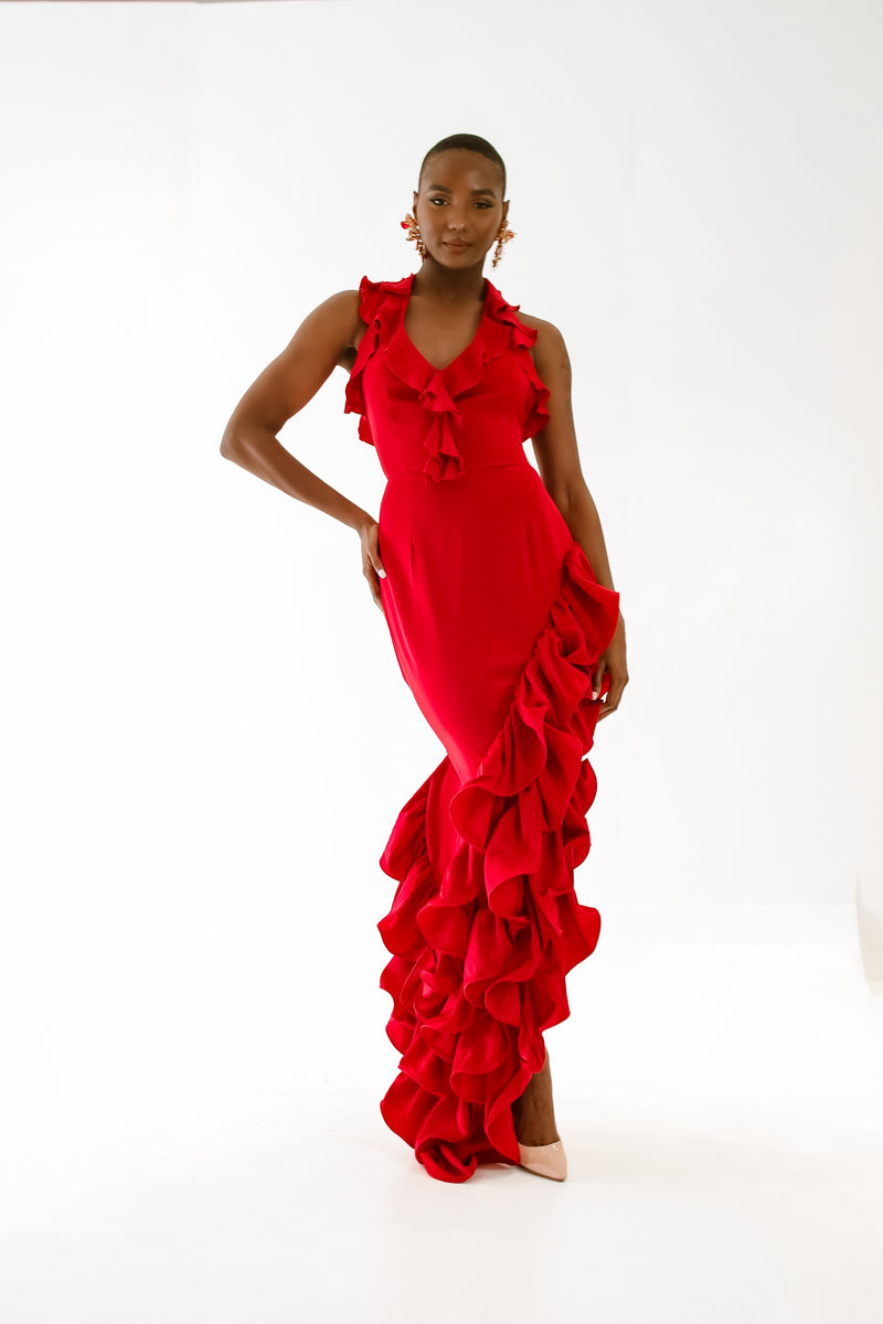 Red ruffled dress with side frills