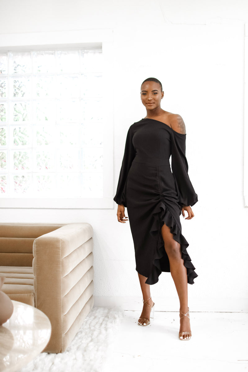 Eliya Off Shoulder Midi Dress- Black Flair By Ashi Eliya Off Shoulder Midi Dress- Black Flair By Ashi
