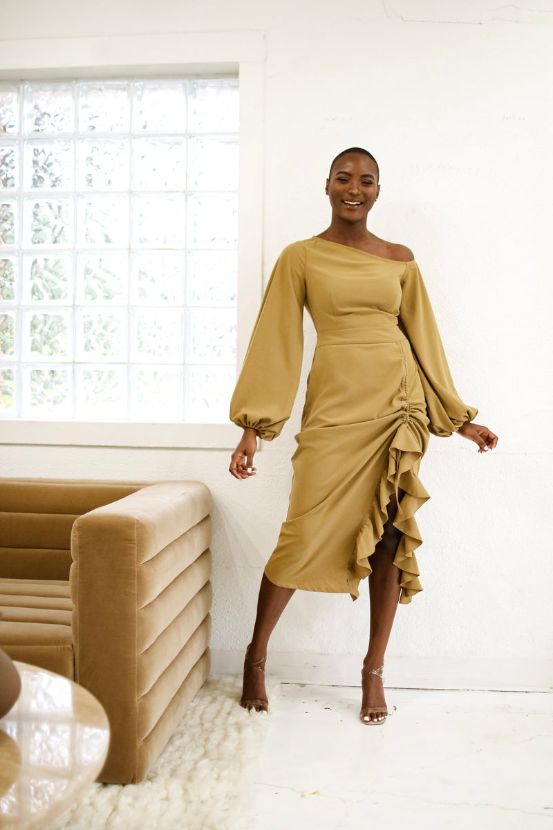 Eliya Off Shoulder Midi Dress - Tan