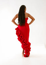 Red ruffled dress with side frills
