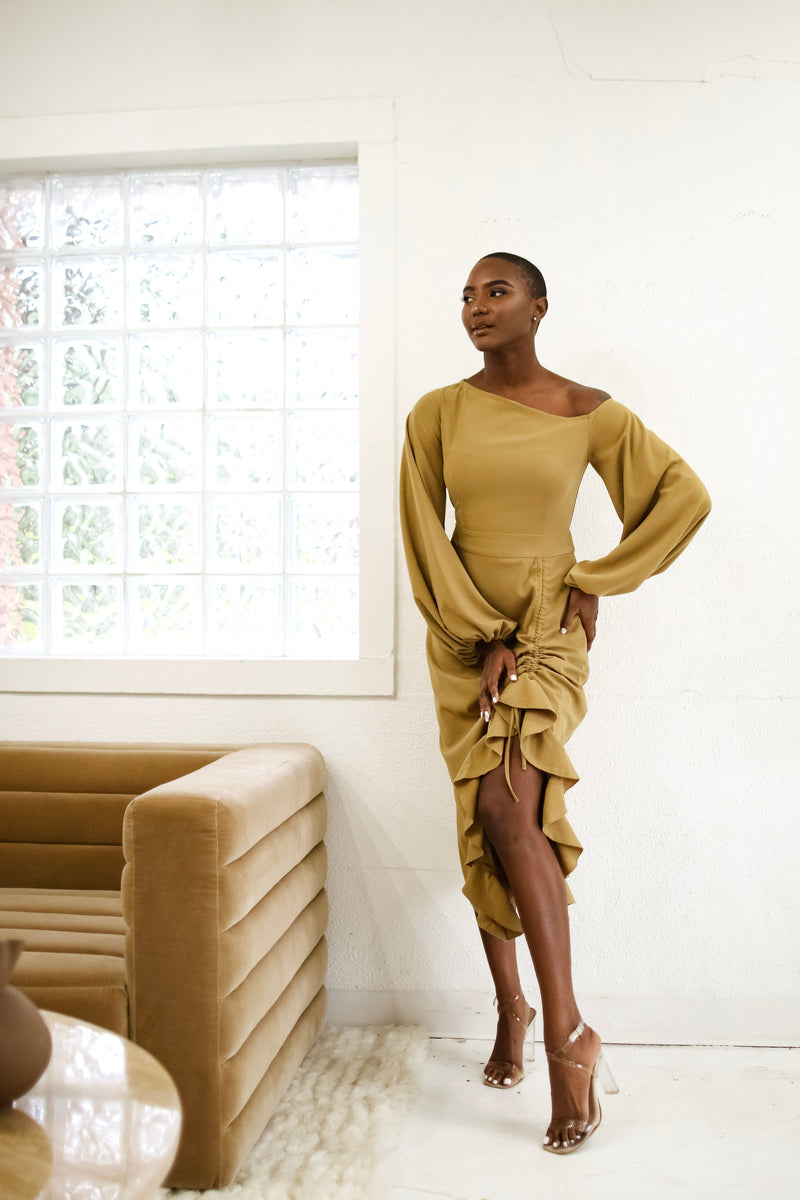 tan off the shoulder dress ASOS DESIGN Curve off-shoulder pleated waist detail midi pencil dress in apricot