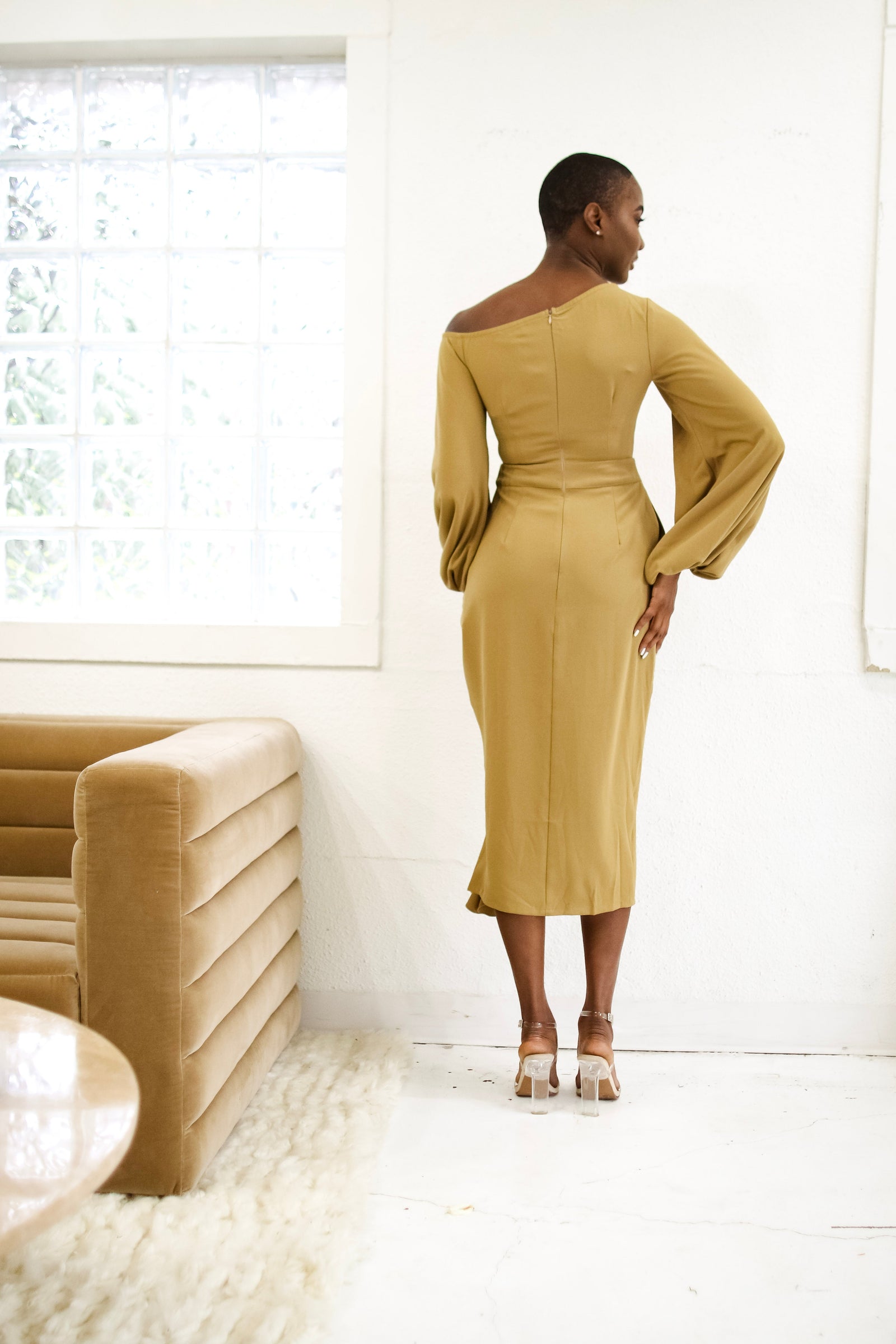 tan off shoulder dress Eliya Midi filter::zone||7b Size:S/40 Zoella Yellow Off The Pink Dress for Womens