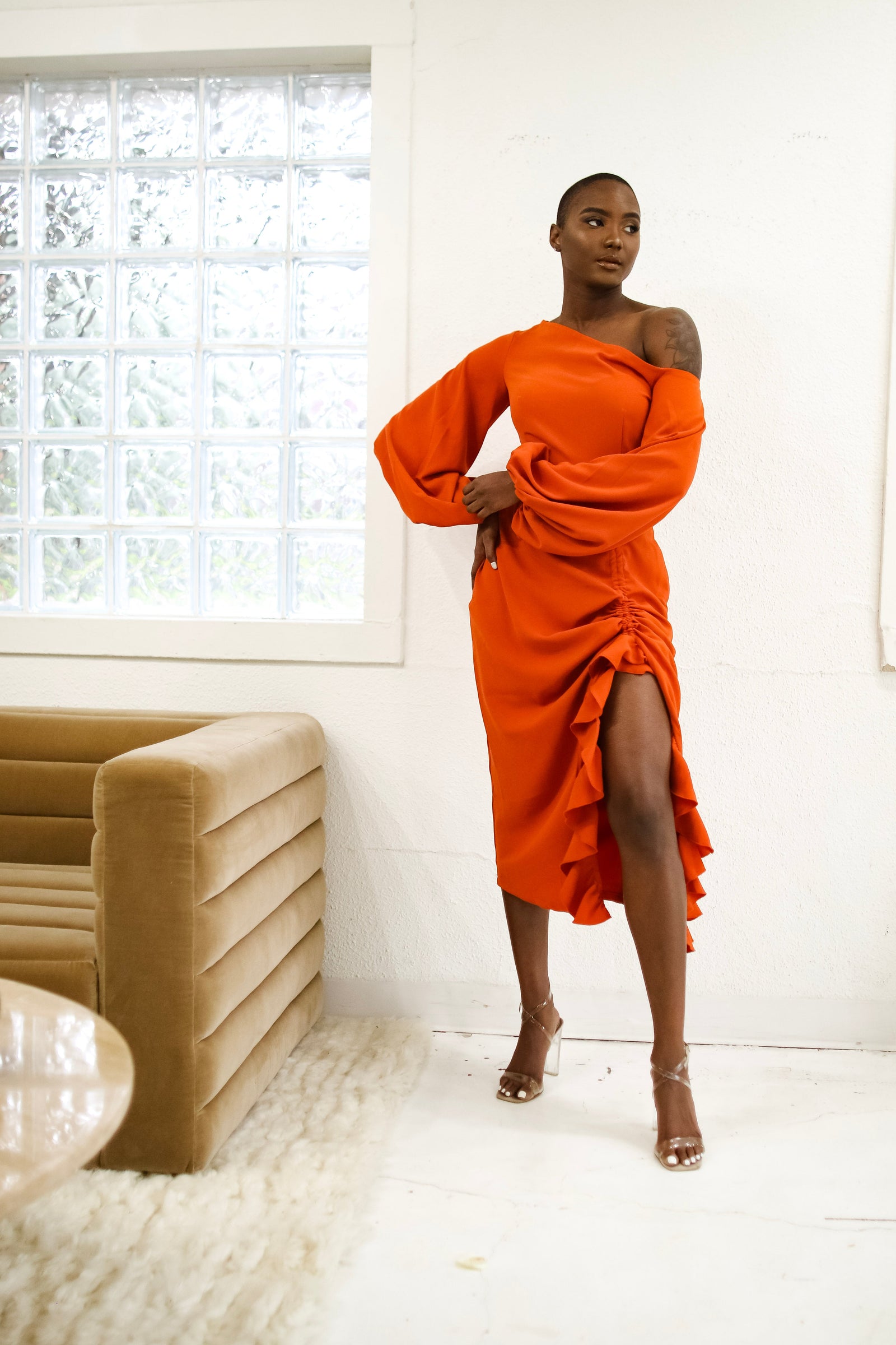 Eliya Off Shoulder Midi Dress- Orange – Flair By Ashi