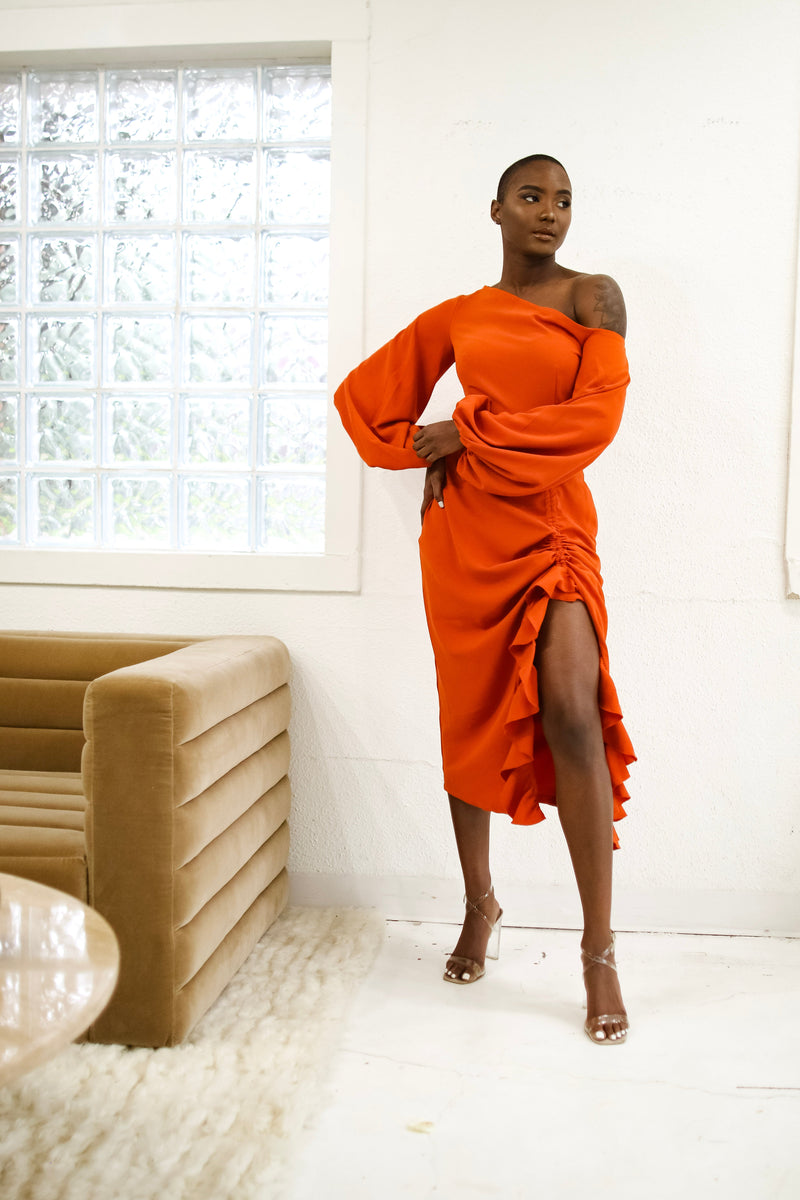 Eliya Off Shoulder Midi Dress- Orange