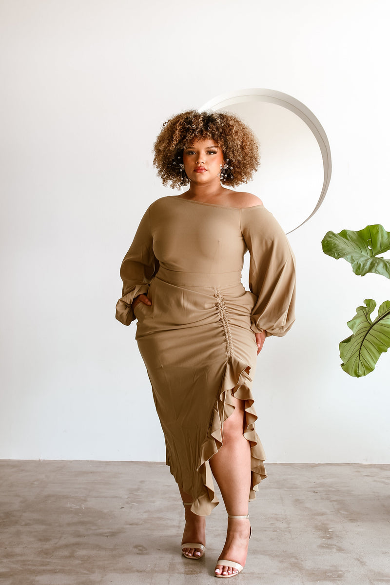 Eliya Off Shoulder Midi Dress - Tan Flair By Ashi Eliya Off Shoulder Midi Dress - Tan Flair By Ashi