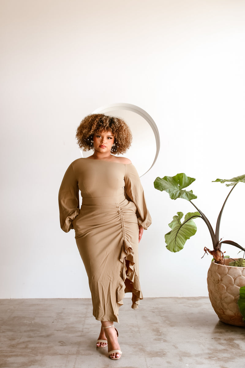 Eliya Off Shoulder Midi Dress - Tan Flair By Ashi Eliya Off Shoulder Midi Dress - Tan Flair By Ashi