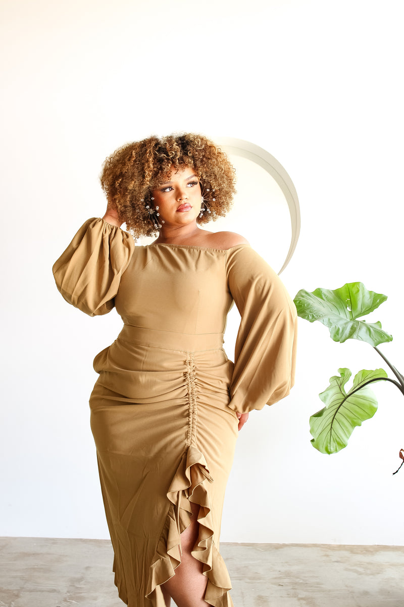 Eliya Off Shoulder Midi Dress - Tan Flair By Ashi Eliya Off Shoulder Midi Dress - Tan Flair By Ashi
