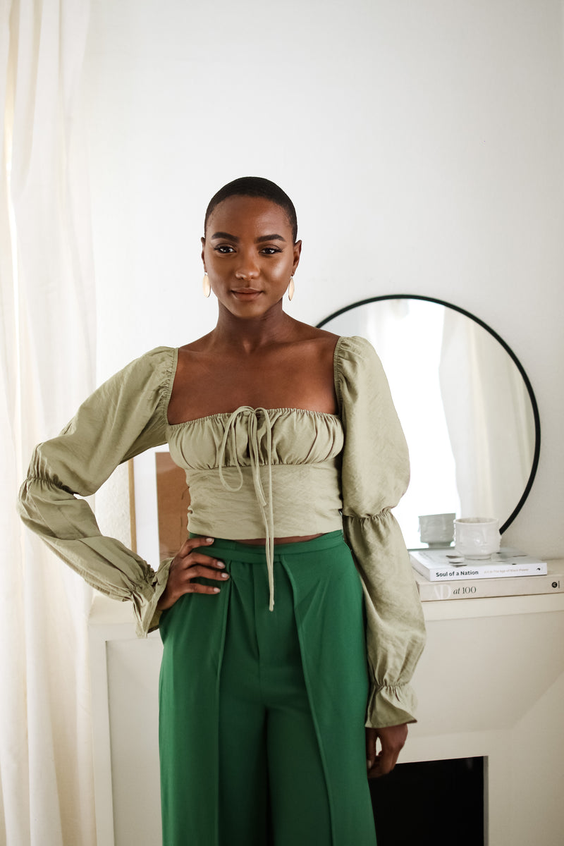 Sloane Tie Long Sleeve Crop Top- Olive
