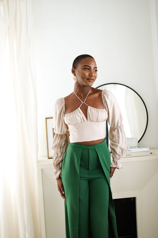 Sloane Tie Long Sleeve Crop Top- Beige
