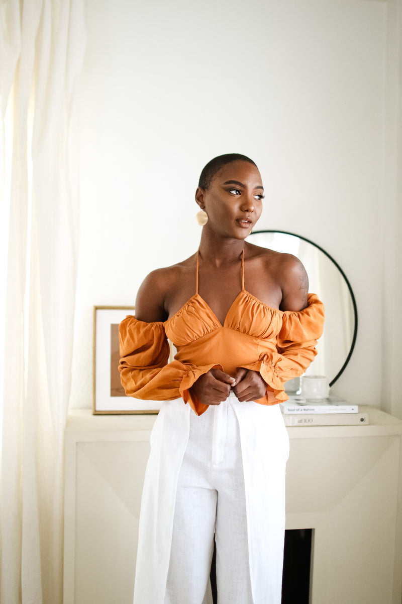 Sloane Tie Long Sleeve Crop Top- Rust