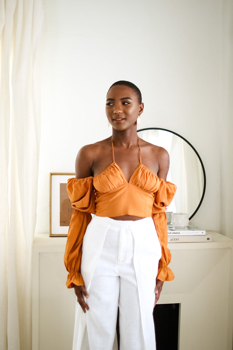 Sloane Tie Long Sleeve Crop Top- Rust
