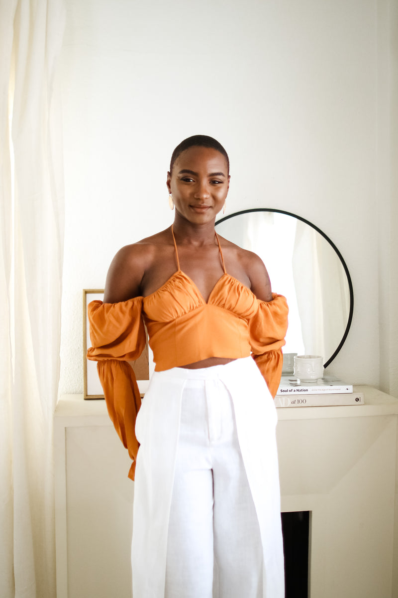 Sloane Tie Long Sleeve Crop Top- Rust