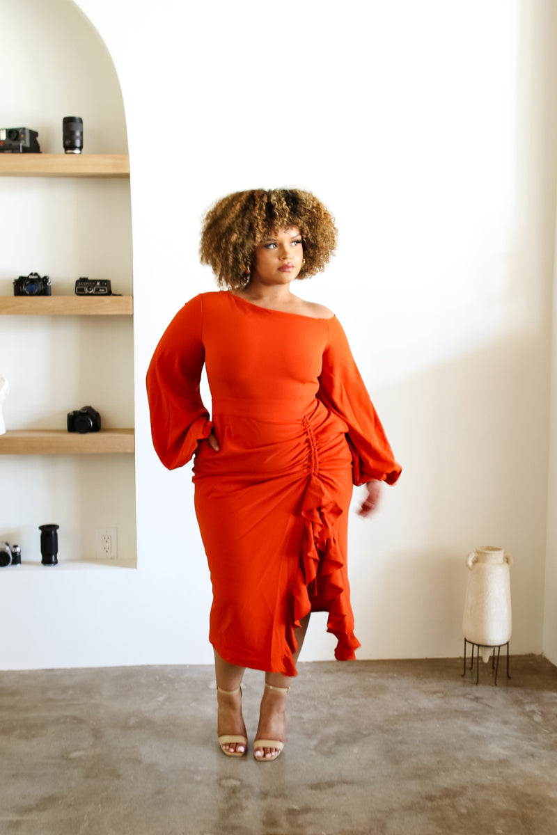 Eliya Off Shoulder Midi Dress- Orange Flair By Ashi Eliya Off Shoulder Midi Dress- Orange Flair By Ashi