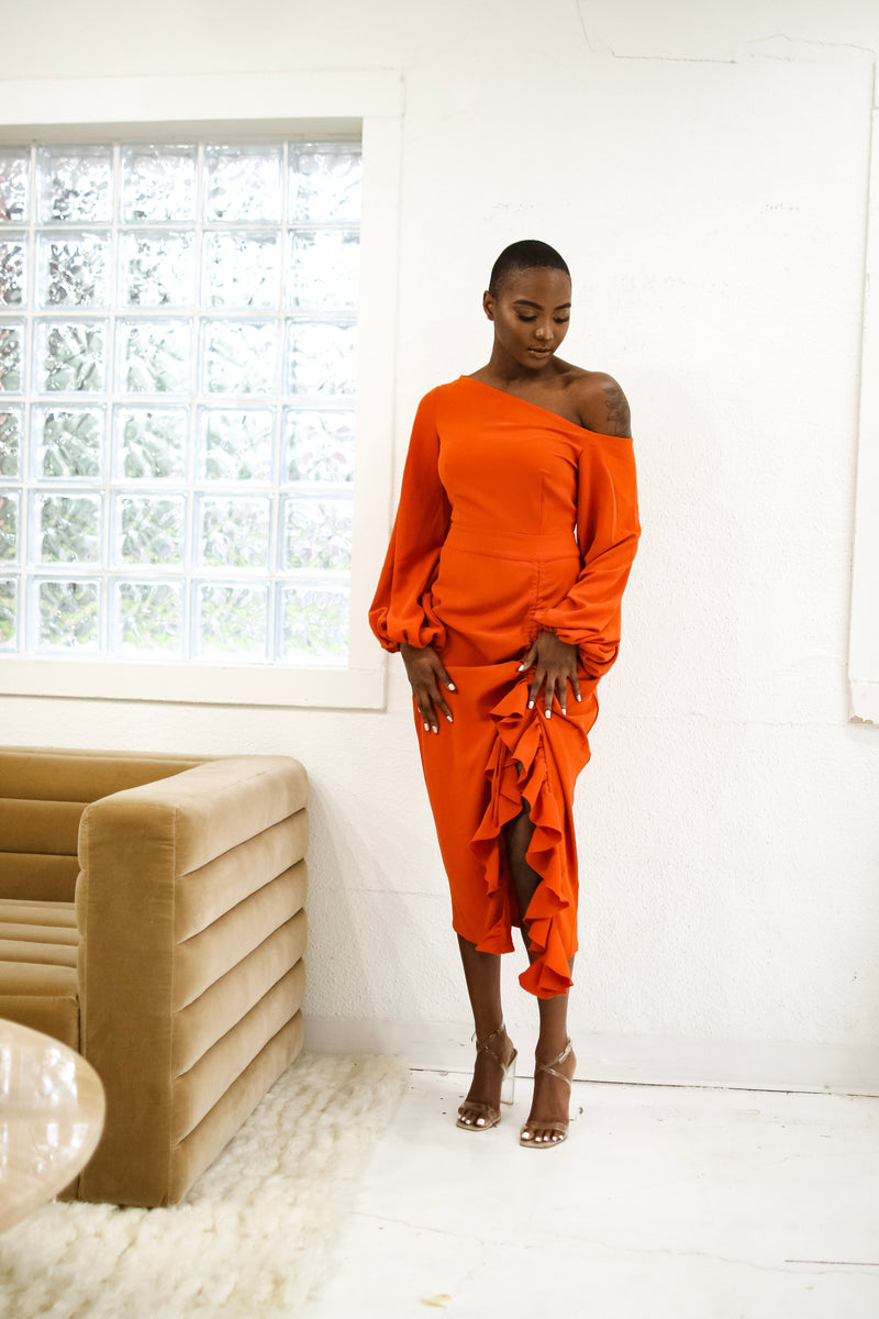 Eliya Off Shoulder Midi Dress- Orange