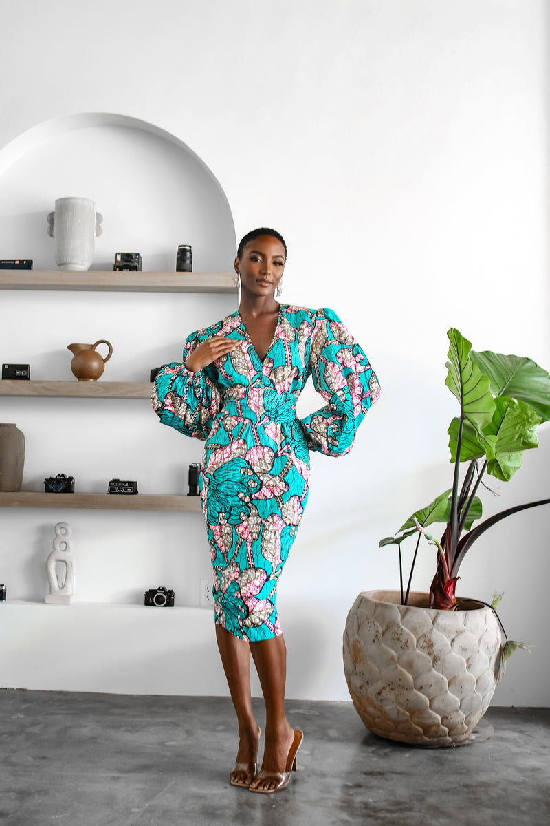 Tolu Ankara Print Bell Sleeve Midi dress with belts and pocket- Blue/ Flair By Ashi Tolu Ankara Print Bell Sleeve Midi dress with belts and pocket- Blue/ Flair By Ashi
