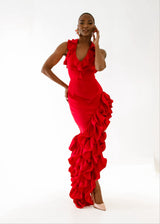 Red ruffled dress with side frills
