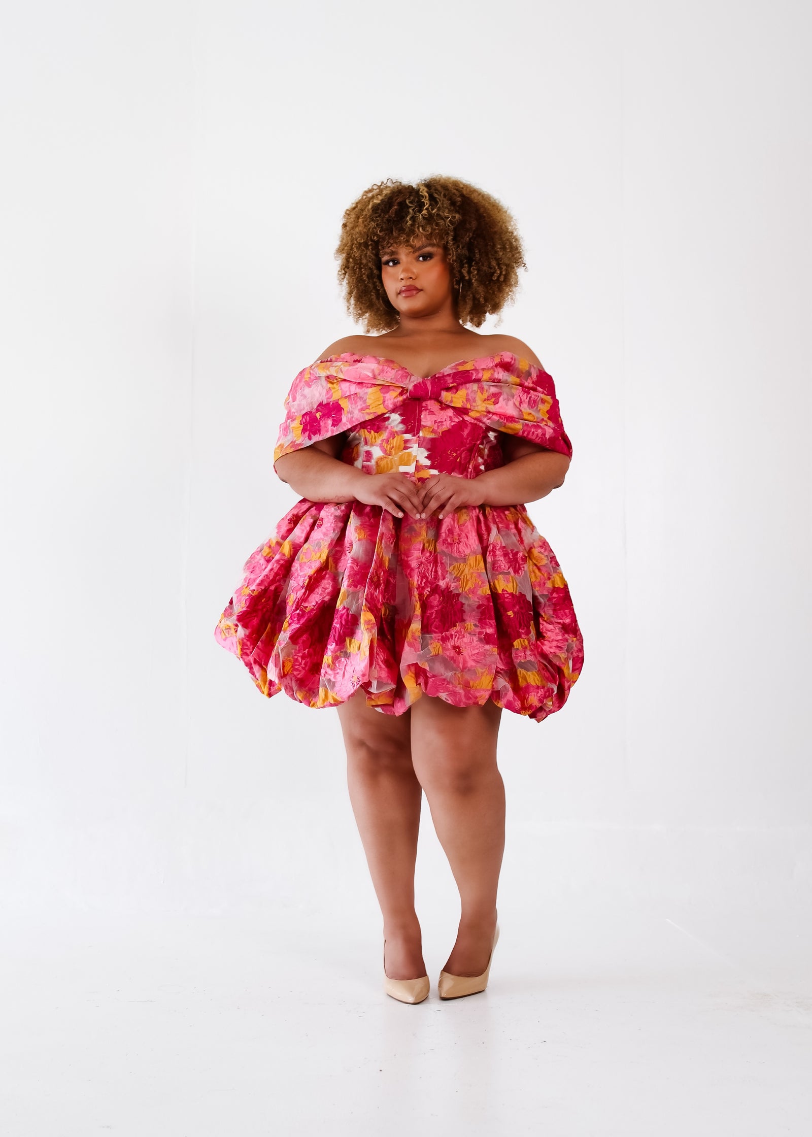 Zini Jacquard Mini Oversized Bow Dress - Pink