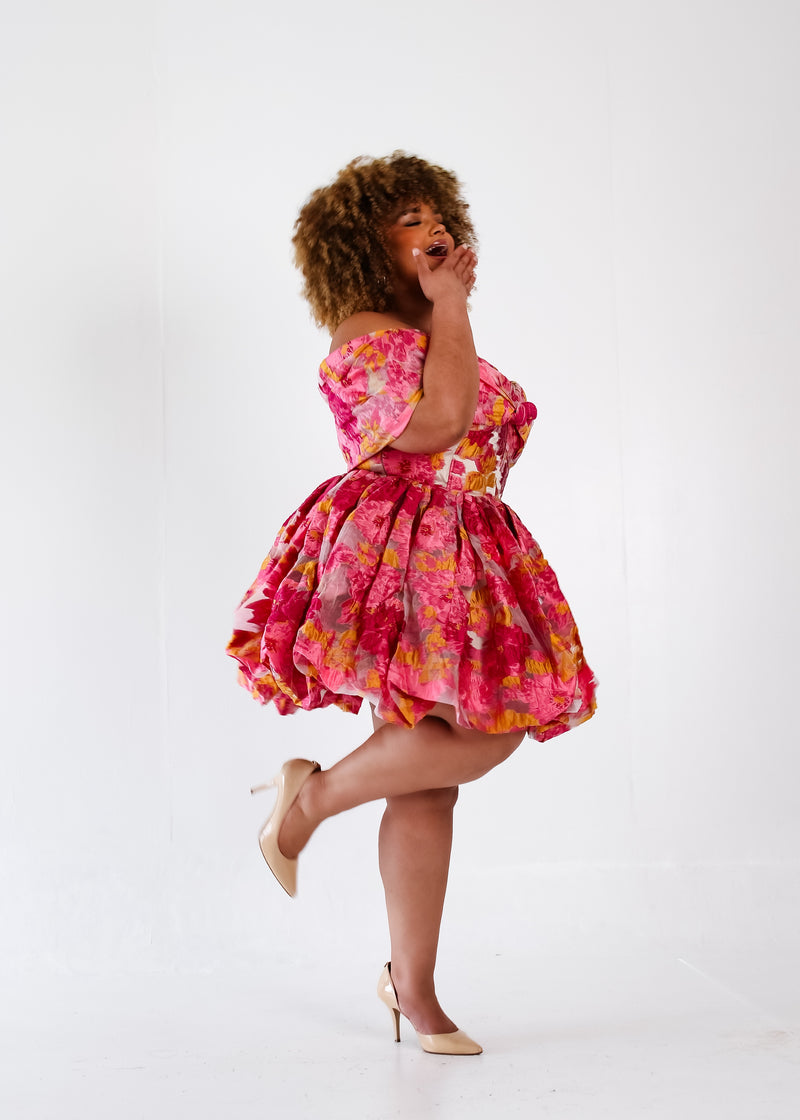Zini Jacquard Mini Oversized Bow Dress - Pink