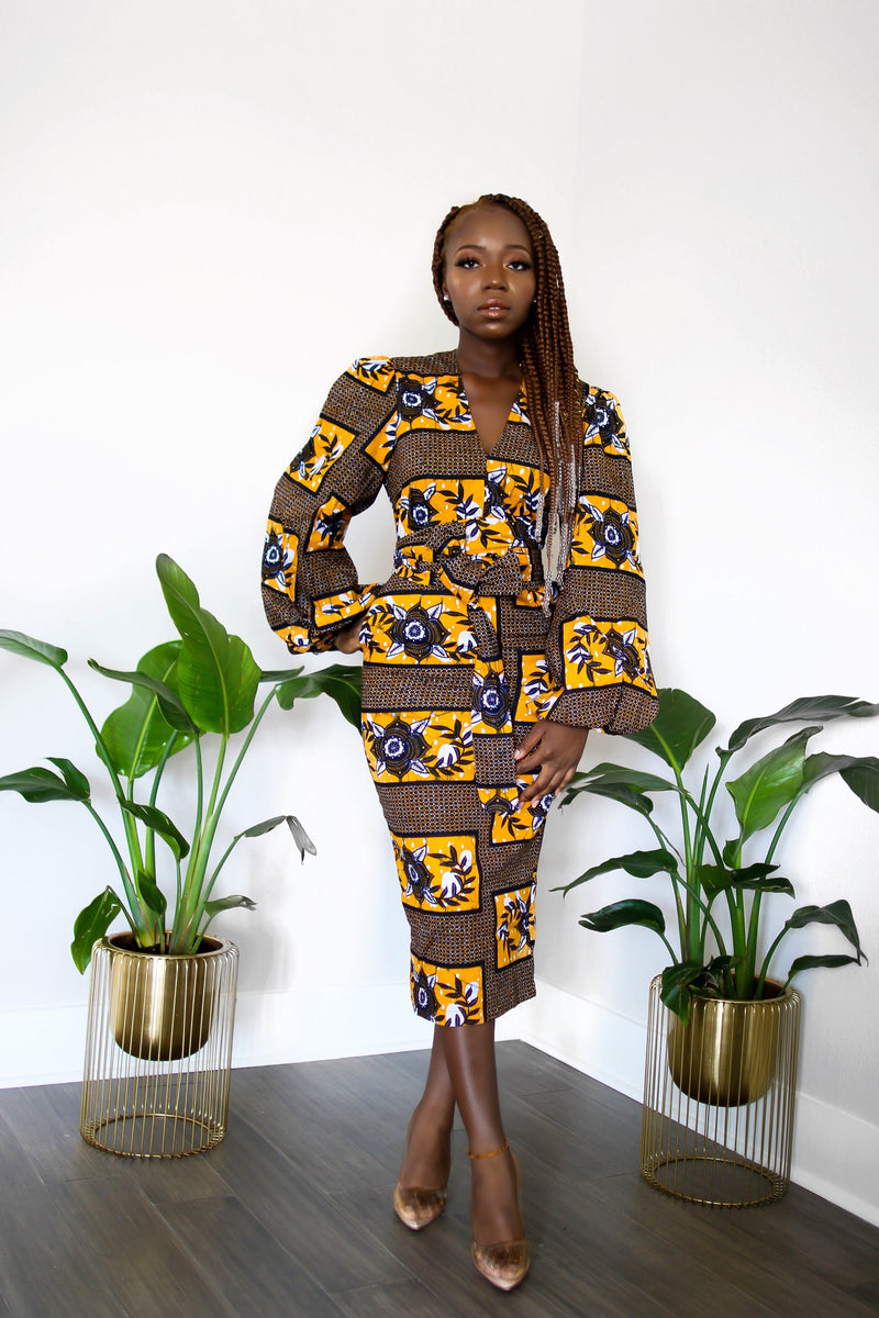 Tolu Ankara Print Bell Sleeve Midi dress with belts and pocket- Blue/ Black Multi Tolu Ankara Print Bell Sleeve Midi dress with belts and pocket- Blue/ Black Multi