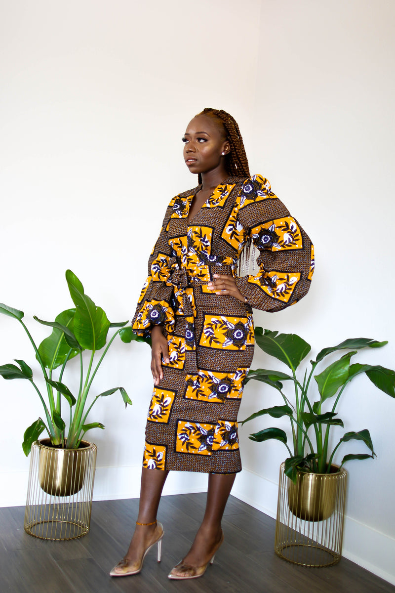Tolu Ankara Print Bell Sleeve Midi dress with belts and pocket- Blue/ Flair By Ashi Tolu Ankara Print Bell Sleeve Midi dress with belts and pocket- Blue/ Flair By Ashi