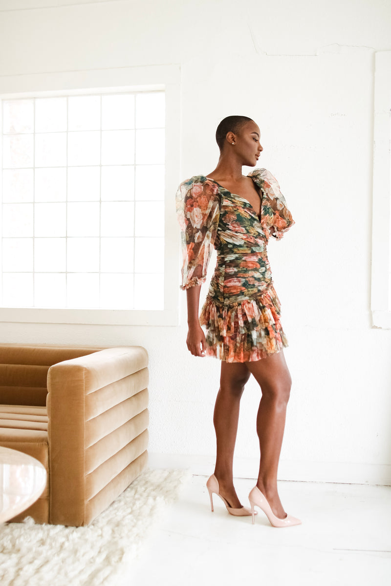 Jamie Hunter Green Multi Floral Mesh dress with ruffles Flair By Ashi Jamie Hunter Green Multi Floral Mesh dress with ruffles Flair By Ashi