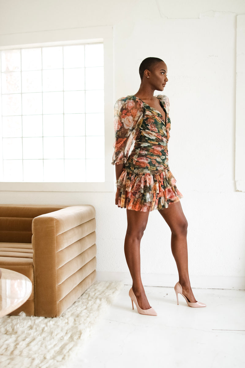 Jamie Hunter Green Multi Floral Mesh dress with ruffles
