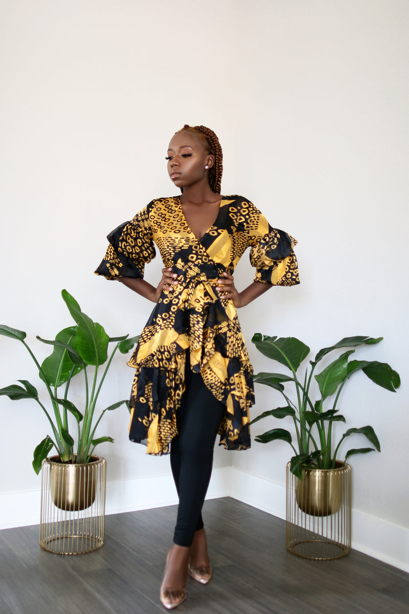 Flirt with Me Puff Sleeve Yellow/ Black Wrap Tunic with Detachable Belt