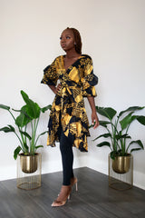 Flirt with Me Puff Sleeve Yellow/ Black Wrap Tunic with Detachable Belt