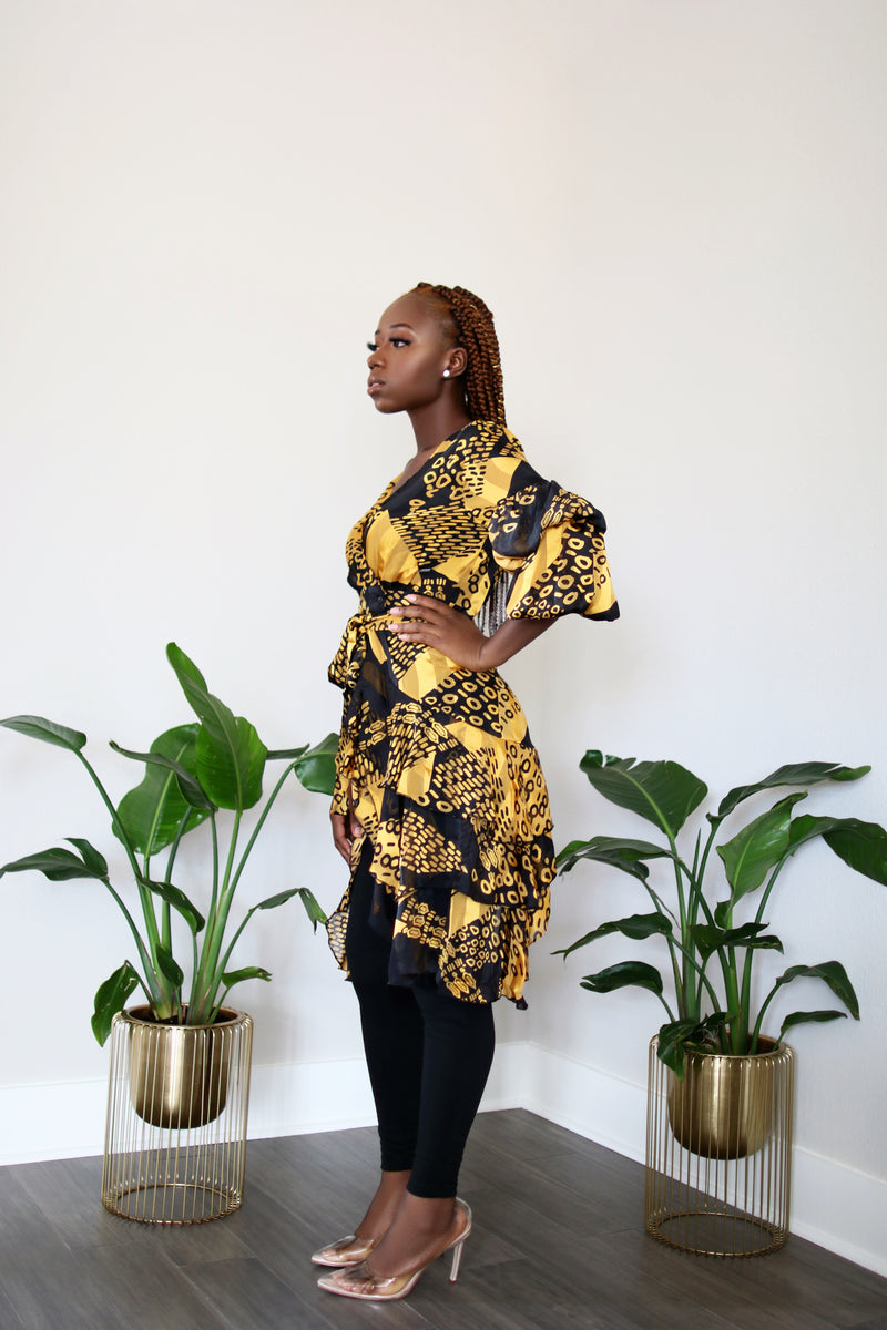Flirt with Me Puff Sleeve Yellow/ Black Wrap Tunic with Detachable Belt