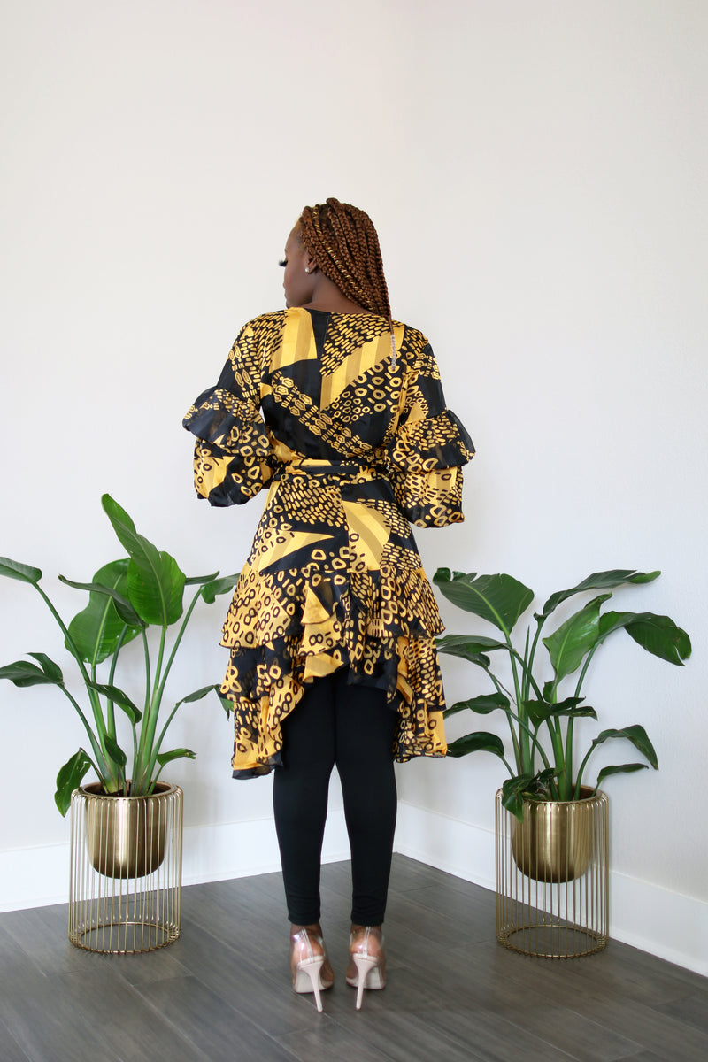 Flirt with Me Puff Sleeve Yellow/ Black Wrap Tunic with Detachable Belt