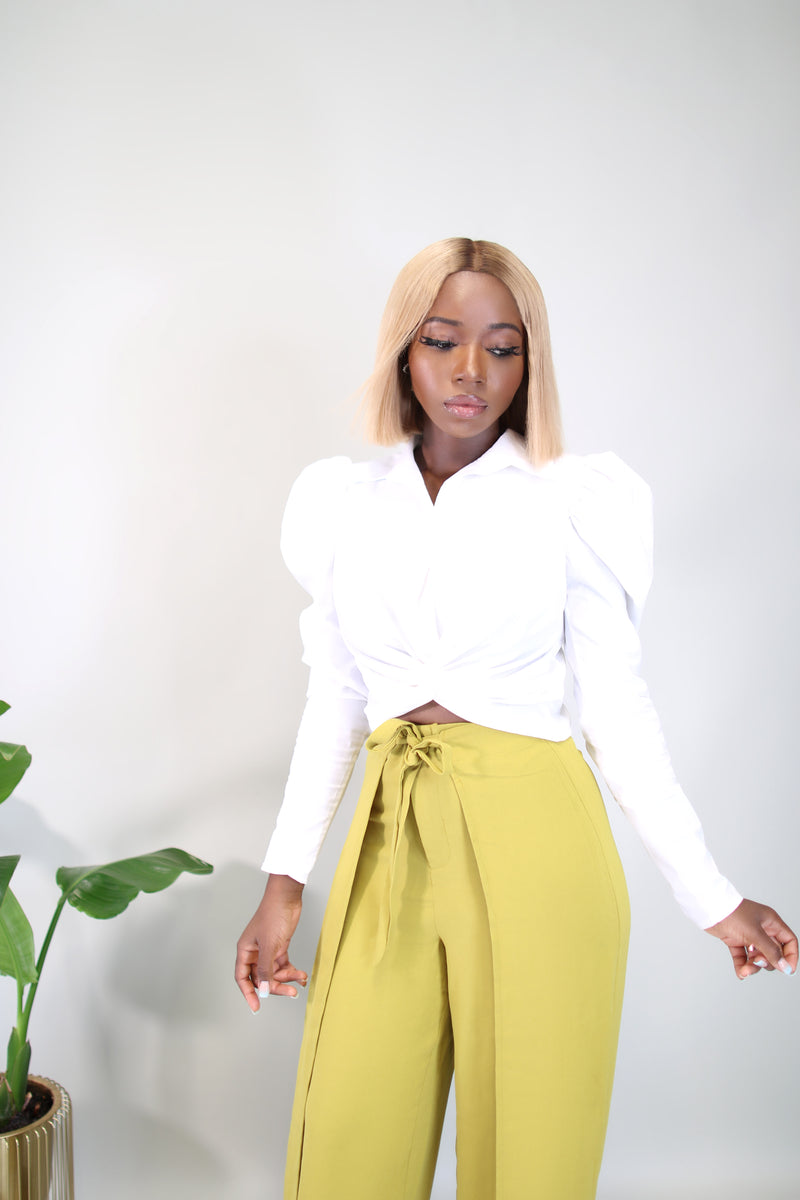 Megan Cropped Twist Front Shirt- White