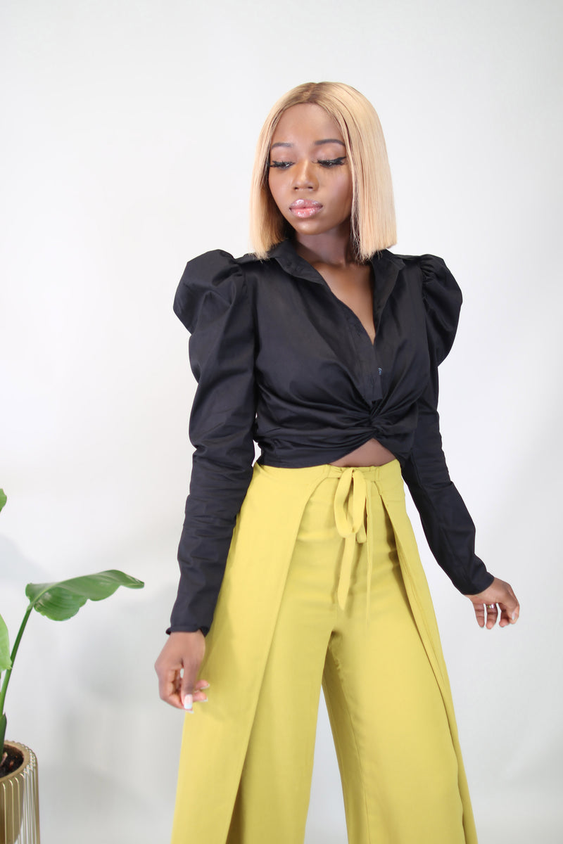 Megan Cropped Twist Front Shirt- Black