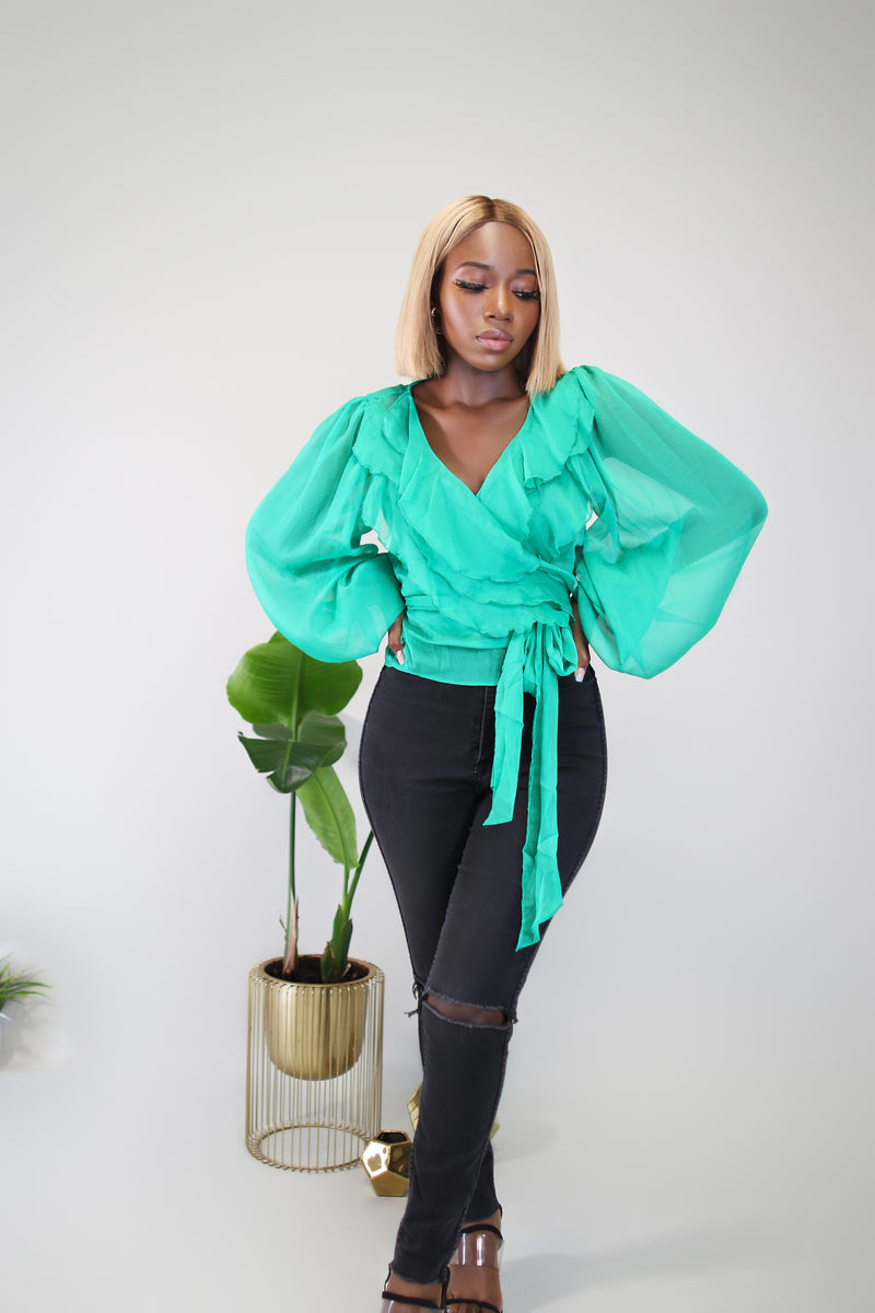 Prissy Green Ruffled long sleeve Wrap Blouse
