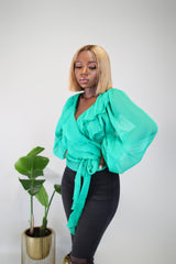 Prissy Green Ruffled long sleeve Wrap Blouse