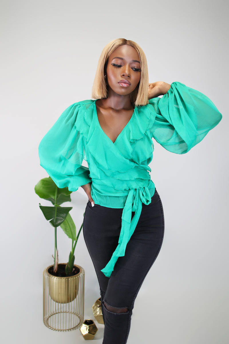 Prissy Green Ruffled long sleeve Wrap Blouse