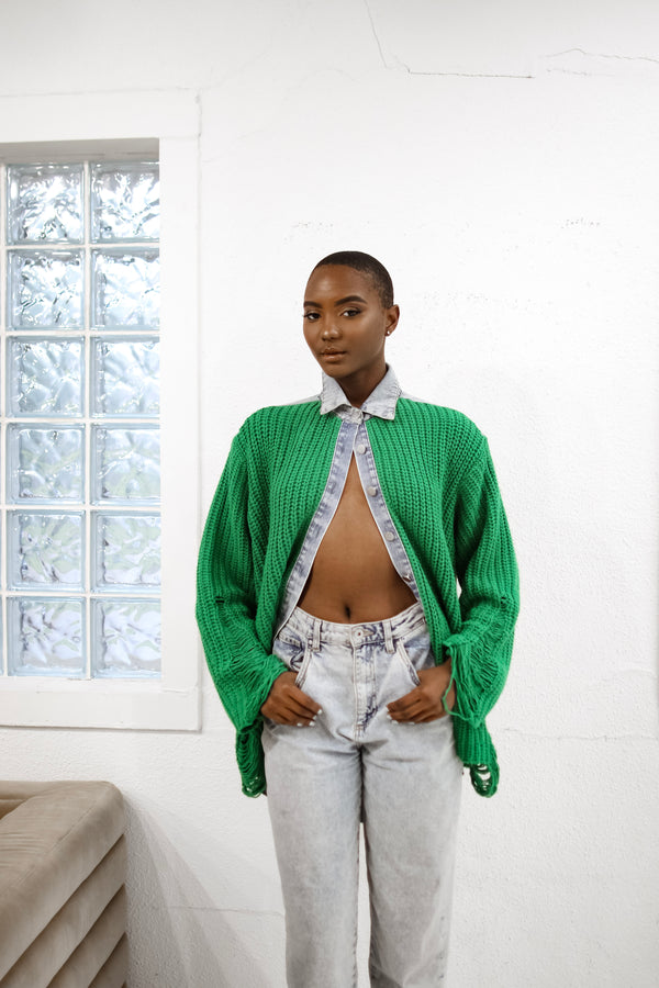 Off Topic Denim Knit Sweater- Green